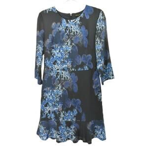 Banana Republic Blue Floral Ruffle Trim 3/4 Sleeve Sheath Dress Womens 6